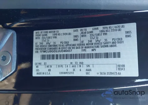 2018 Ford Escape Se z USA, uszkodzony, nr VIN 1FMCU0GD2JUD46437